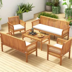 Tangkula 5 Piece Patio Furniture Set, Acacia Wood Conversation Set with 3-Seat Bench, Loveseat