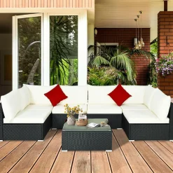 Tangkula 7 Piece Patio Furniture Set, Outdoor Sectional Sofa with 2 Pillows and Cushions