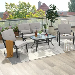Tangkula 4 Piece Patio Furniture Set, Heavy Duty Outdoor Conversation Set with Soft Padded Cushions & Waist Pillows