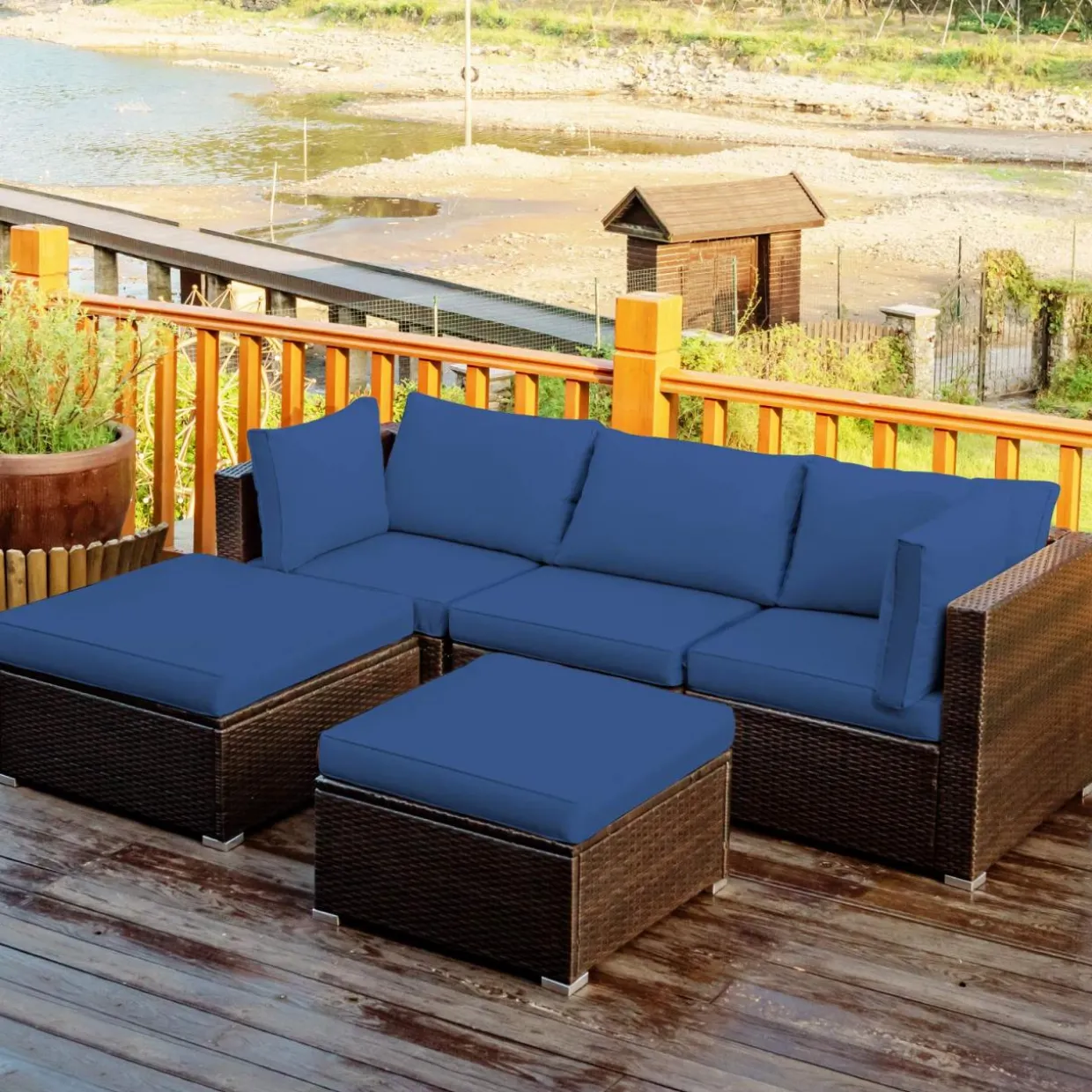 Tangkula 5 Piece Patio Furniture Set, Outdoor Sectional Rattan Sofa Set with Cushions and Coffee Table