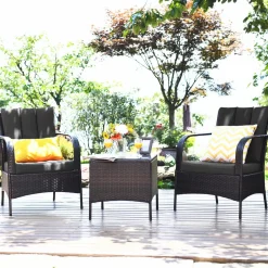 Tangkula 3 Piece Patio Furniture Set, 2 Wicker Chairs with Glass Top Coffee Table