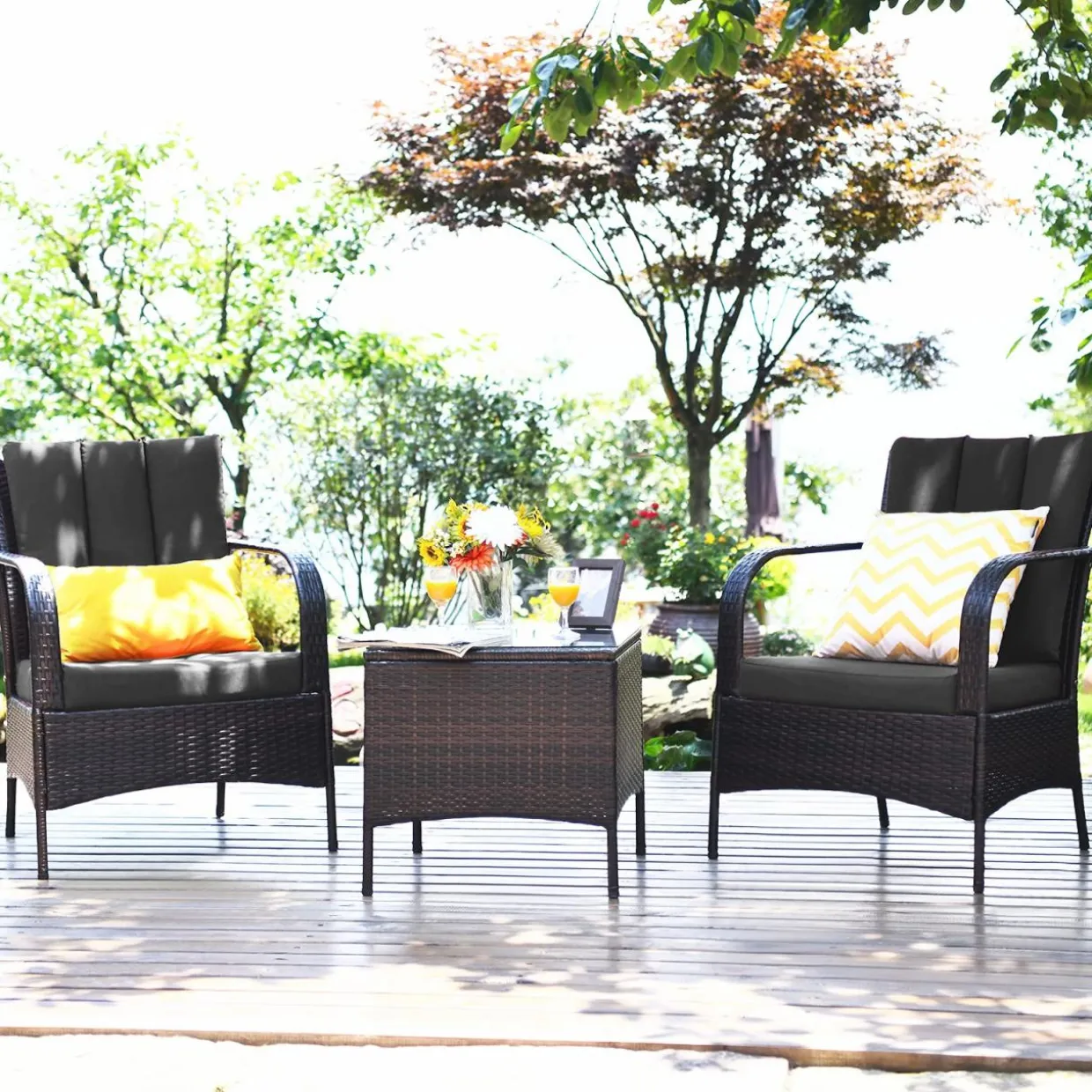 Tangkula 3 Piece Patio Furniture Set, 2 Wicker Chairs with Glass Top Coffee Table
