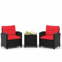 Tangkula 3 Piece Patio Furniture Set, Rattan Conversation Set w/Soft Seat & Back Cushions
