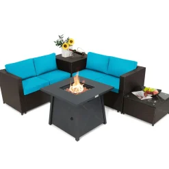 Tangkula 5 Piece Patio Furniture Set with 50,000 BTU Propane Fire Pit Table, Outdoor Wicker Conversation Set