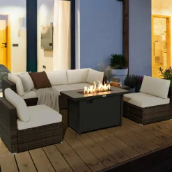 Tangkula 7 Piece Patio Furniture Set with Fire Pit Table, Includes 42 Inches 60,000 BTU Propane Rectangle Fire Pit Table