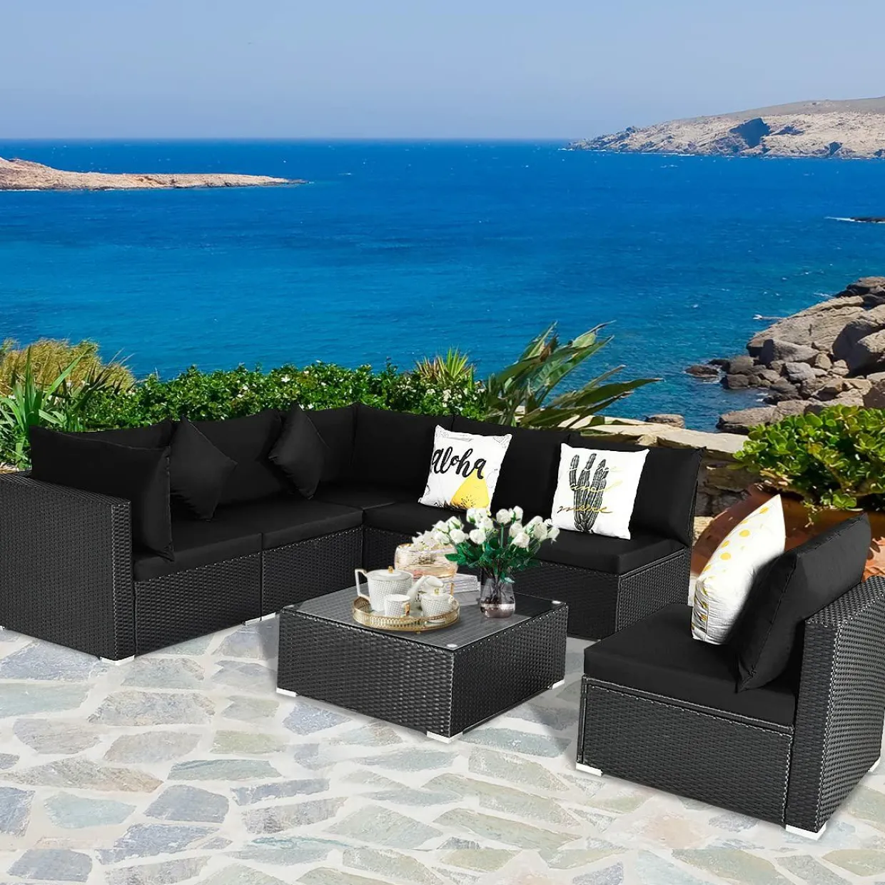Tangkula 7 Piece Patio Furniture Set, Outdoor Sectional Sofa w/Pillows and Cushions, Wicker Sofa Conversation Set with Coffee Table