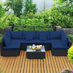 Tangkula 7 Piece Patio Furniture Set, Outdoor Sectional Sofa w/Pillows and Cushions, Wicker Sofa Conversation Set with Coffee Table