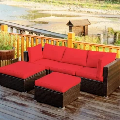 Tangkula 5 Piece Patio Furniture Set, Outdoor Sectional Rattan Sofa Set with Cushions and Coffee Table