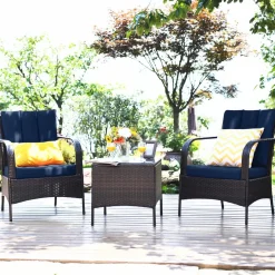 Tangkula 3 Piece Patio Furniture Set, 2 Wicker Chairs with Glass Top Coffee Table