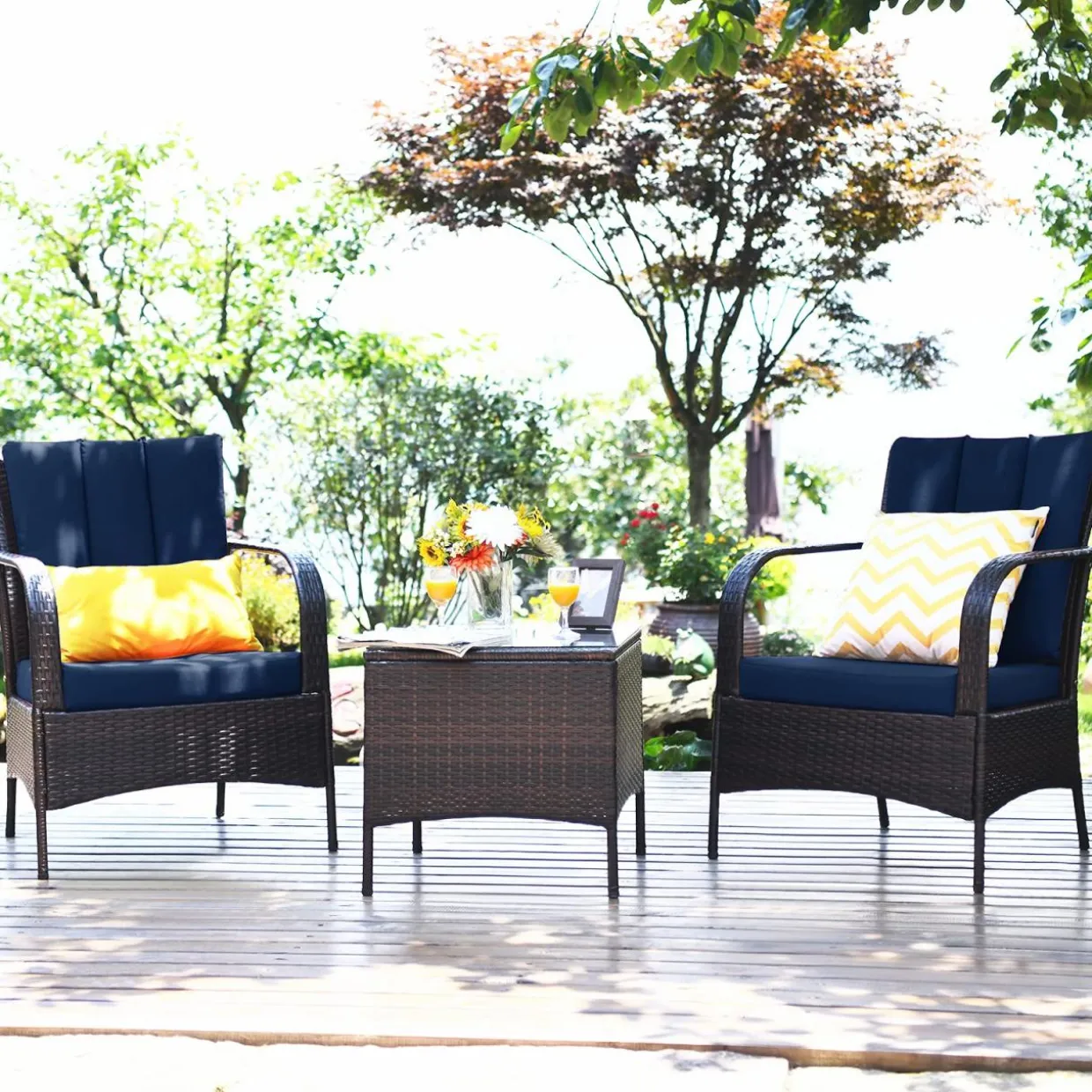 Tangkula 3 Piece Patio Furniture Set, 2 Wicker Chairs with Glass Top Coffee Table