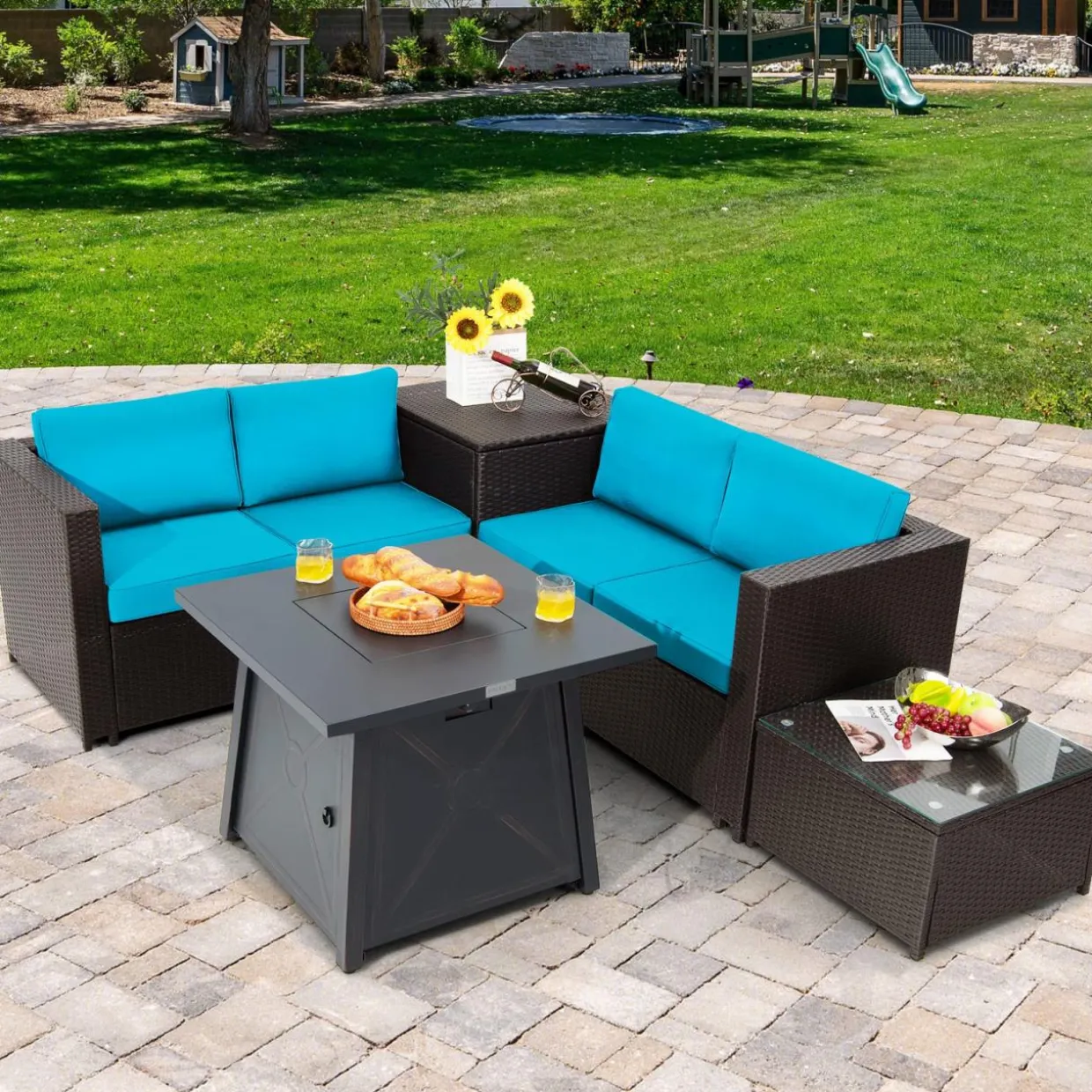 Tangkula 5 Piece Patio Furniture Set with 50,000 BTU Propane Fire Pit Table, Outdoor Wicker Conversation Set