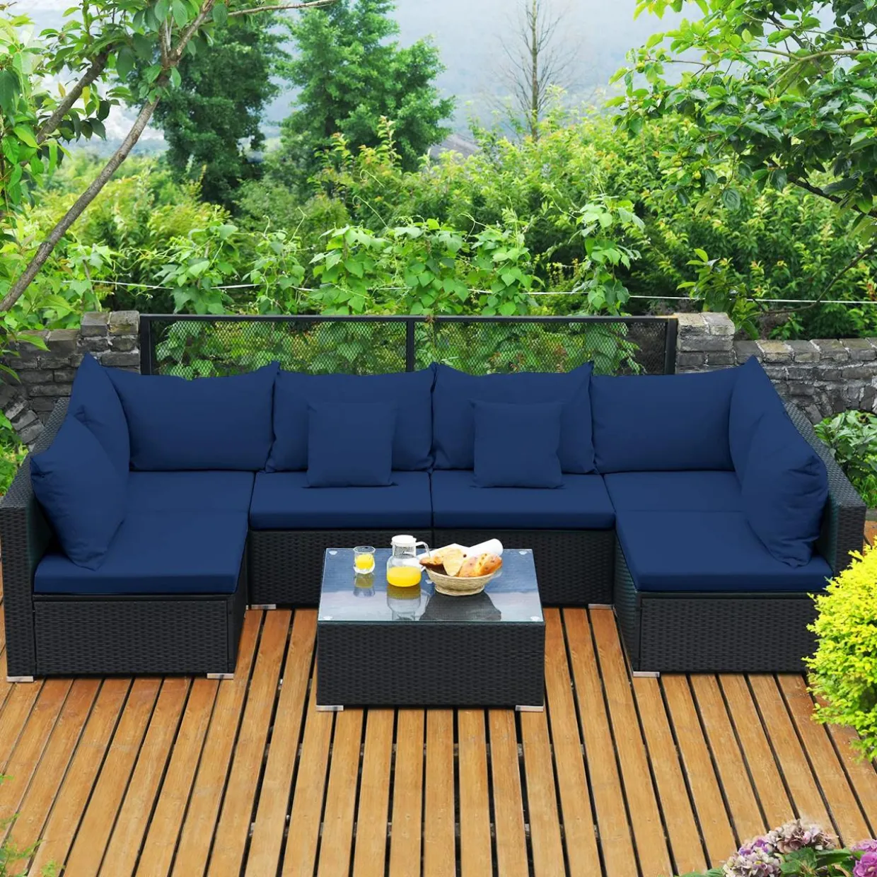 Tangkula 7 Piece Patio Furniture Set, Outdoor Sectional Sofa w/Pillows and Cushions, Wicker Sofa Conversation Set with Coffee Table