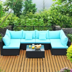 Tangkula 7 Piece Patio Furniture Set, Outdoor Sectional Sofa w/Pillows and Cushions, Wicker Sofa Conversation Set with Coffee Table