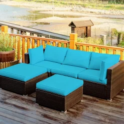 Tangkula 5 Piece Patio Furniture Set, Outdoor Sectional Rattan Sofa Set with Cushions and Coffee Table