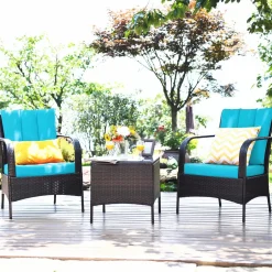 Tangkula 3 Piece Patio Furniture Set, 2 Wicker Chairs with Glass Top Coffee Table