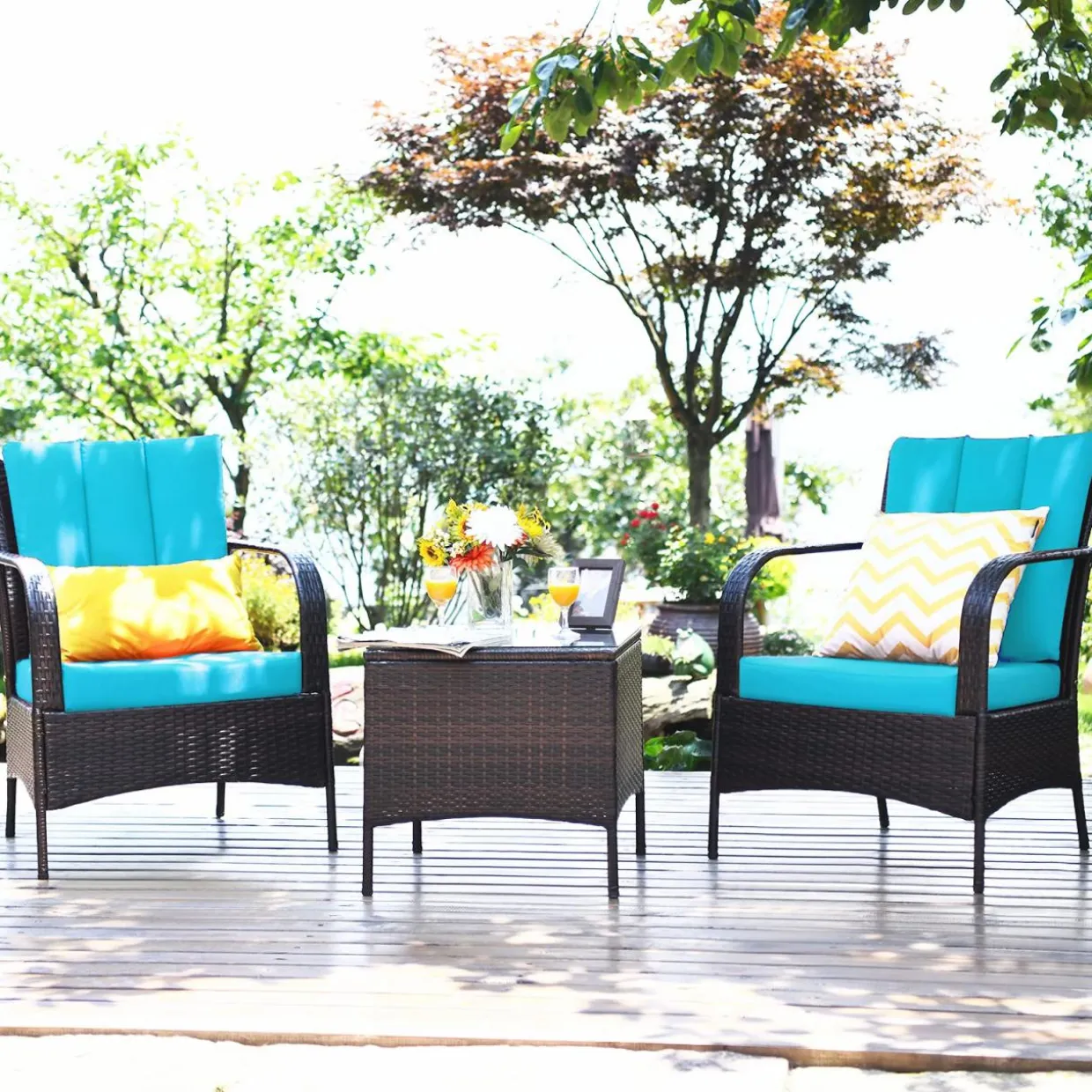 Tangkula 3 Piece Patio Furniture Set, 2 Wicker Chairs with Glass Top Coffee Table