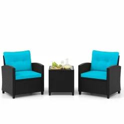 Tangkula 3 Piece Patio Furniture Set, Rattan Conversation Set w/Soft Seat & Back Cushions