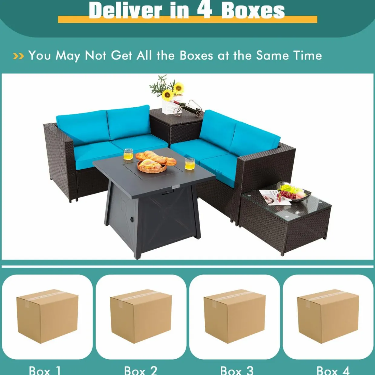 Tangkula 5 Piece Patio Furniture Set with 50,000 BTU Propane Fire Pit Table, Outdoor Wicker Conversation Set