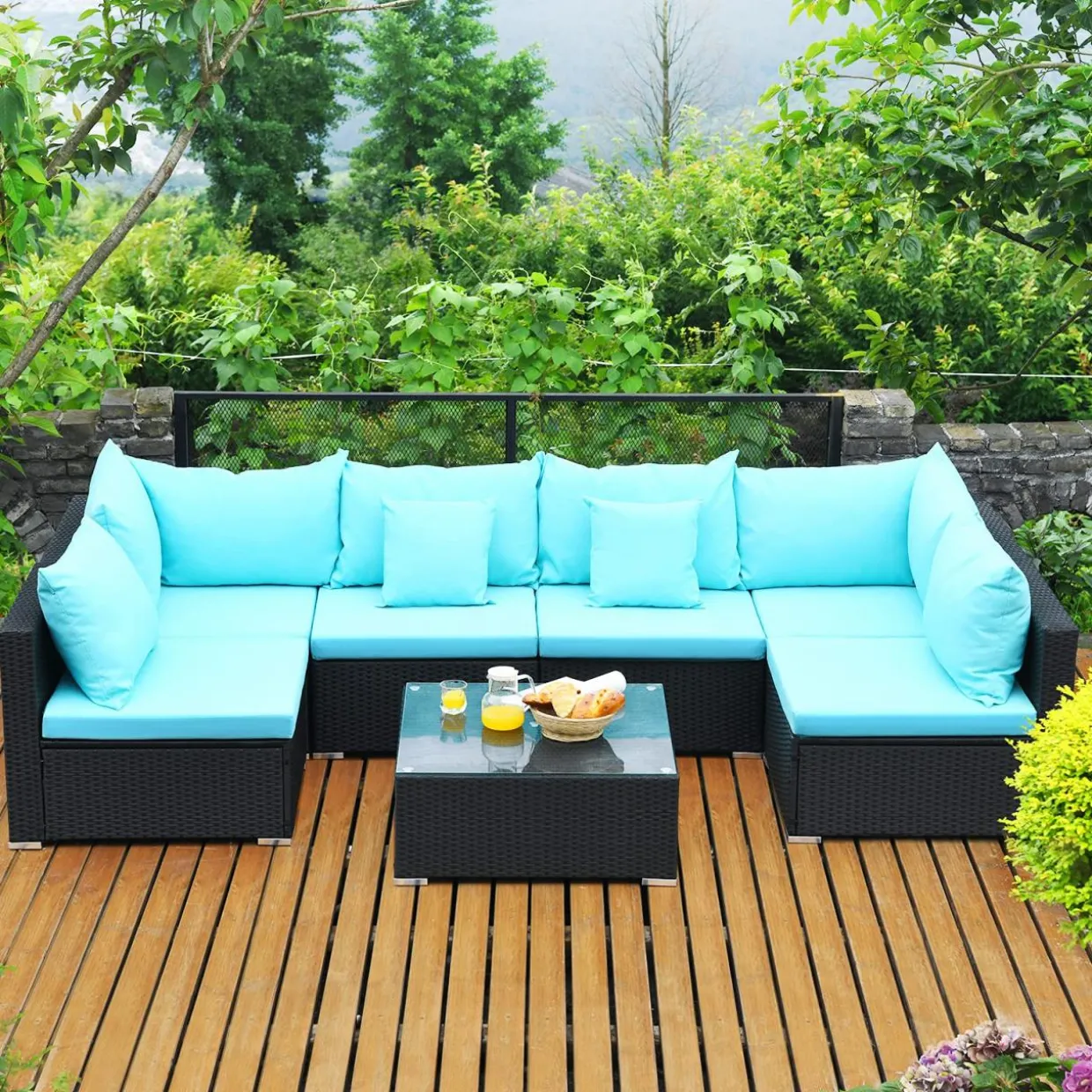 Tangkula 7 Piece Patio Furniture Set, Outdoor Sectional Sofa w/Pillows and Cushions, Wicker Sofa Conversation Set with Coffee Table