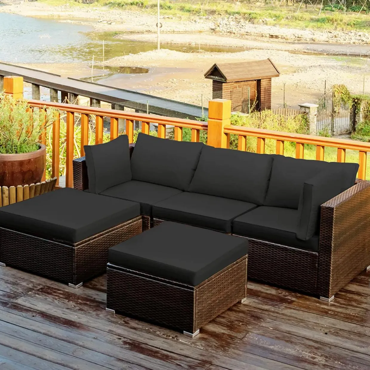 Tangkula 5 Piece Patio Furniture Set, Outdoor Sectional Rattan Sofa Set with Cushions and Coffee Table