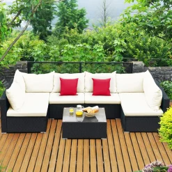 Tangkula 7 Piece Patio Furniture Set, Outdoor Sectional Sofa w/Pillows and Cushions, Wicker Sofa Conversation Set with Coffee Table