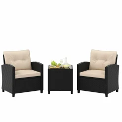 Tangkula 3 Piece Patio Furniture Set, Rattan Conversation Set w/Soft Seat & Back Cushions