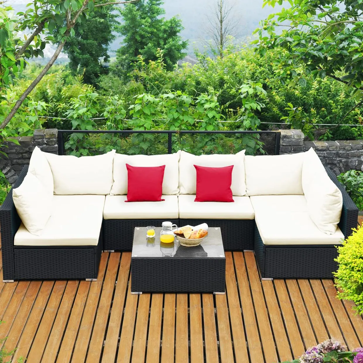 Tangkula 7 Piece Patio Furniture Set, Outdoor Sectional Sofa w/Pillows and Cushions, Wicker Sofa Conversation Set with Coffee Table