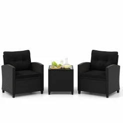 Tangkula 3 Piece Patio Furniture Set, Rattan Conversation Set w/Soft Seat & Back Cushions