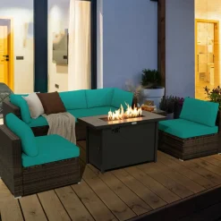Tangkula 7 Piece Patio Furniture Set with Fire Pit Table, Includes 42 Inches 60,000 BTU Propane Rectangle Fire Pit Table