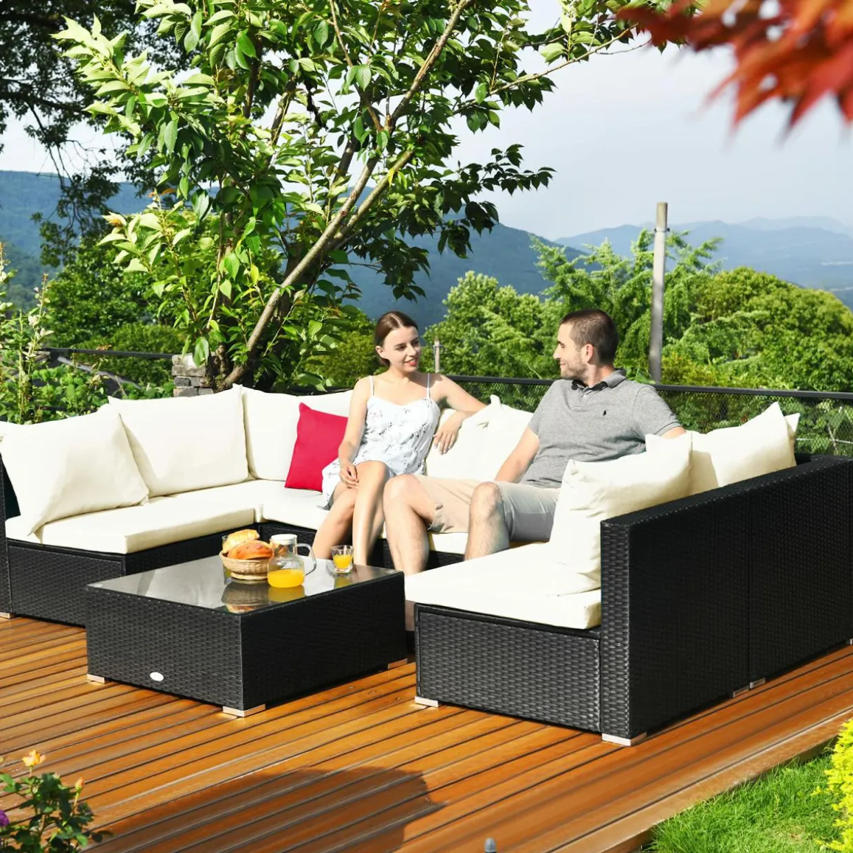 Tangkula 7 Piece Patio Furniture Set, Outdoor Sectional Sofa w/Pillows and Cushions, Wicker Sofa Conversation Set with Coffee Table