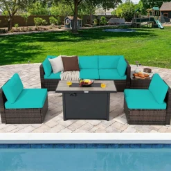 Tangkula 7 Piece Patio Furniture Set with Fire Pit Table, Includes 42 Inches 60,000 BTU Propane Rectangle Fire Pit Table