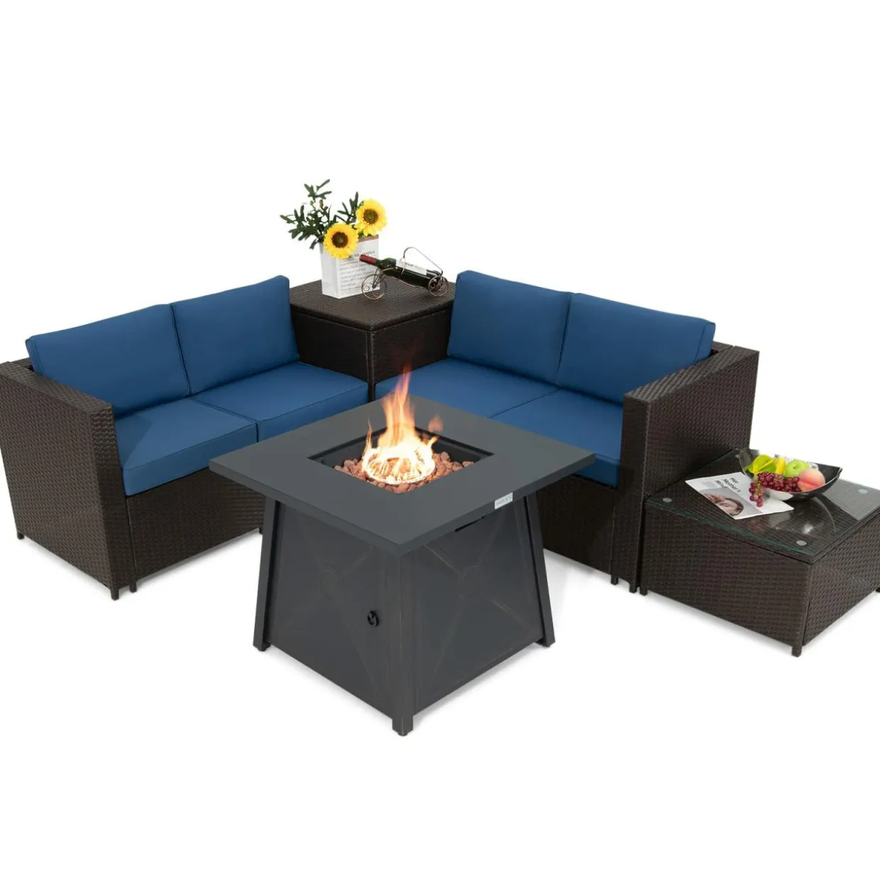 Tangkula 5 Piece Patio Furniture Set with 50,000 BTU Propane Fire Pit Table, Outdoor Wicker Conversation Set