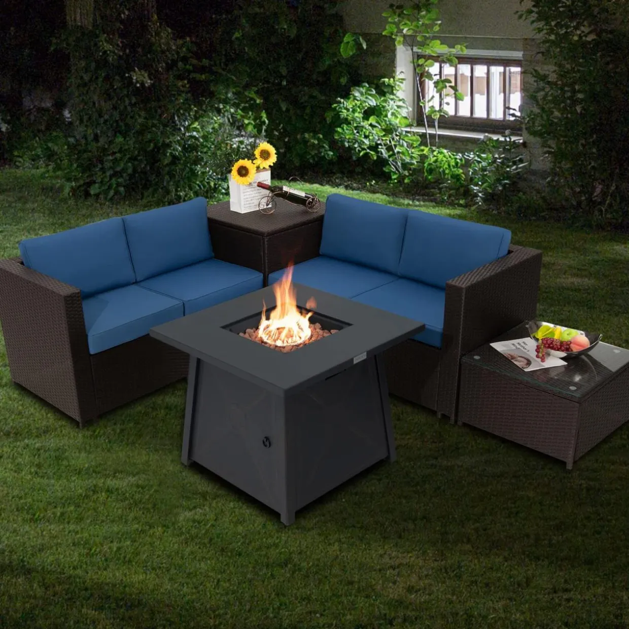 Tangkula 5 Piece Patio Furniture Set with 50,000 BTU Propane Fire Pit Table, Outdoor Wicker Conversation Set