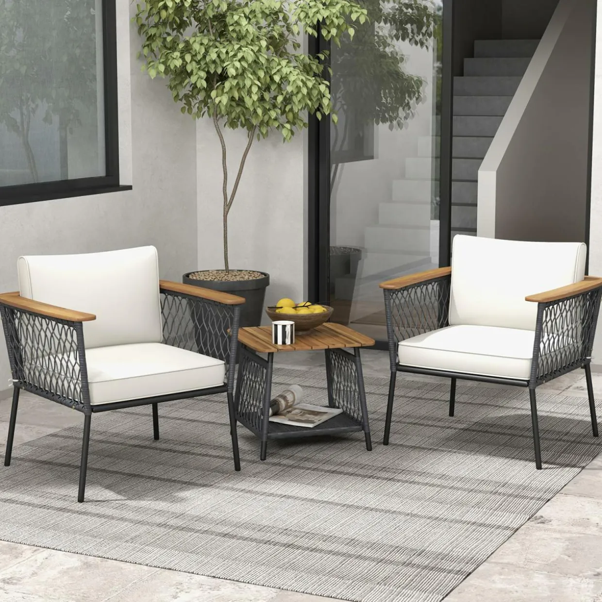 Tangkula 3 Piece Patio Furniture Set, Rattan Chair Set w/ 2-Tier Coffee Table, Acacia Wood Armrests & Tabletop, Soft Seat & Back Cushions