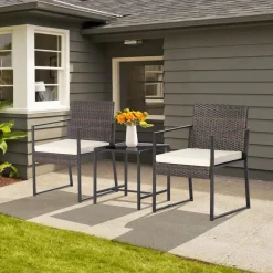 Tangkula 3 Piece Patio Furniture Set, Modern Heavy Duty All Weather Cushioned Wicker Chairs and Coffee Table Set