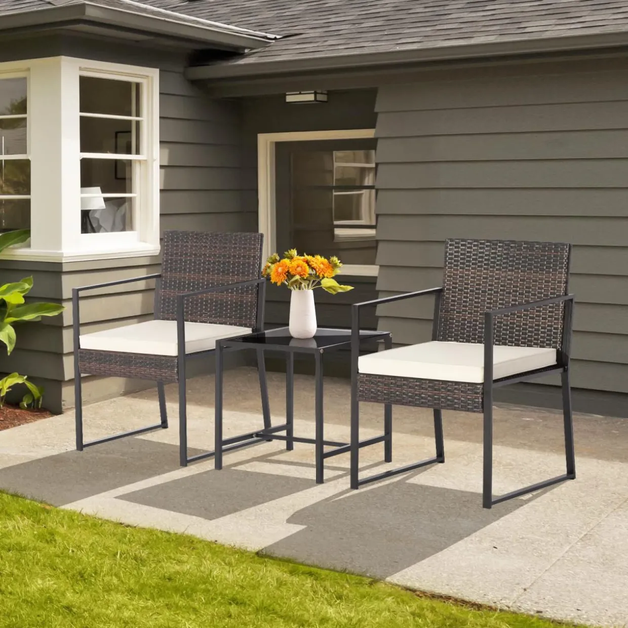 Tangkula 3 Piece Patio Furniture Set, Modern Heavy Duty All Weather Cushioned Wicker Chairs and Coffee Table Set