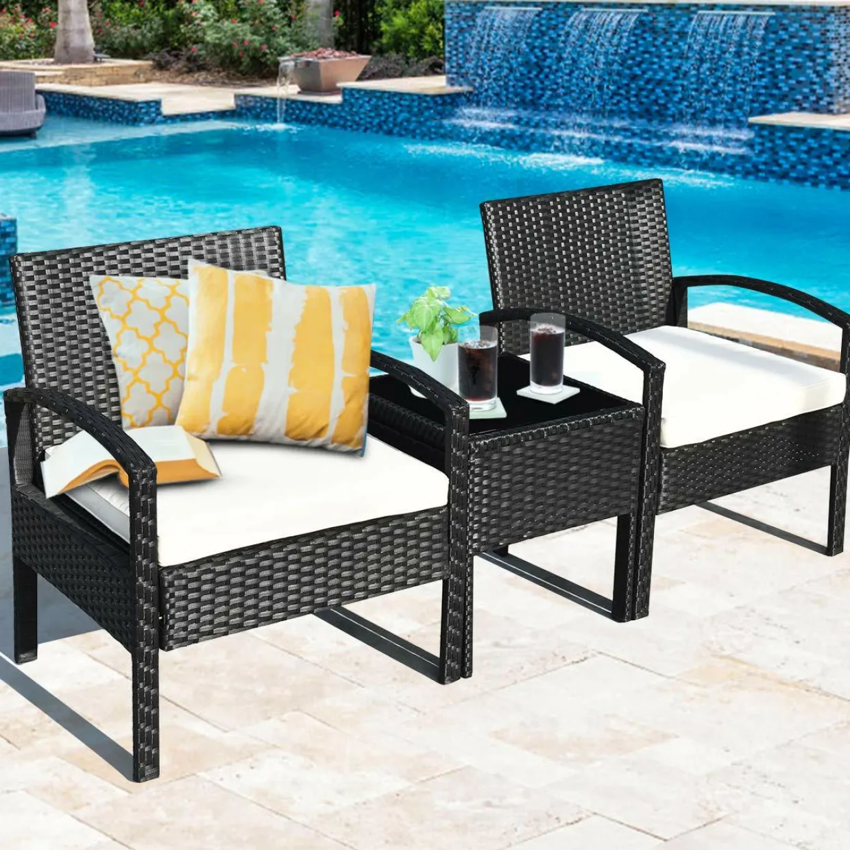 Tangkula 3 Piece Patio Furniture Set with 2 Cushioned Chairs & End Table, Black