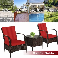 Tangkula 3 Piece Patio Furniture Set, 2 Wicker Chairs with Glass Top Coffee Table