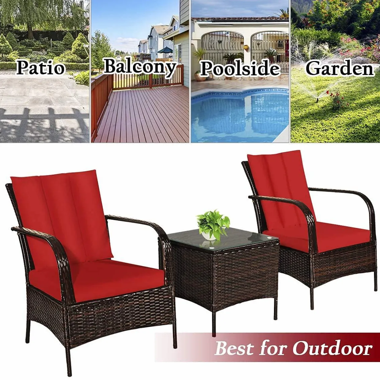 Tangkula 3 Piece Patio Furniture Set, 2 Wicker Chairs with Glass Top Coffee Table