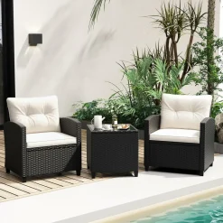 Tangkula 3 Piece Patio Furniture Set, Rattan Conversation Set w/Soft Seat & Back Cushions