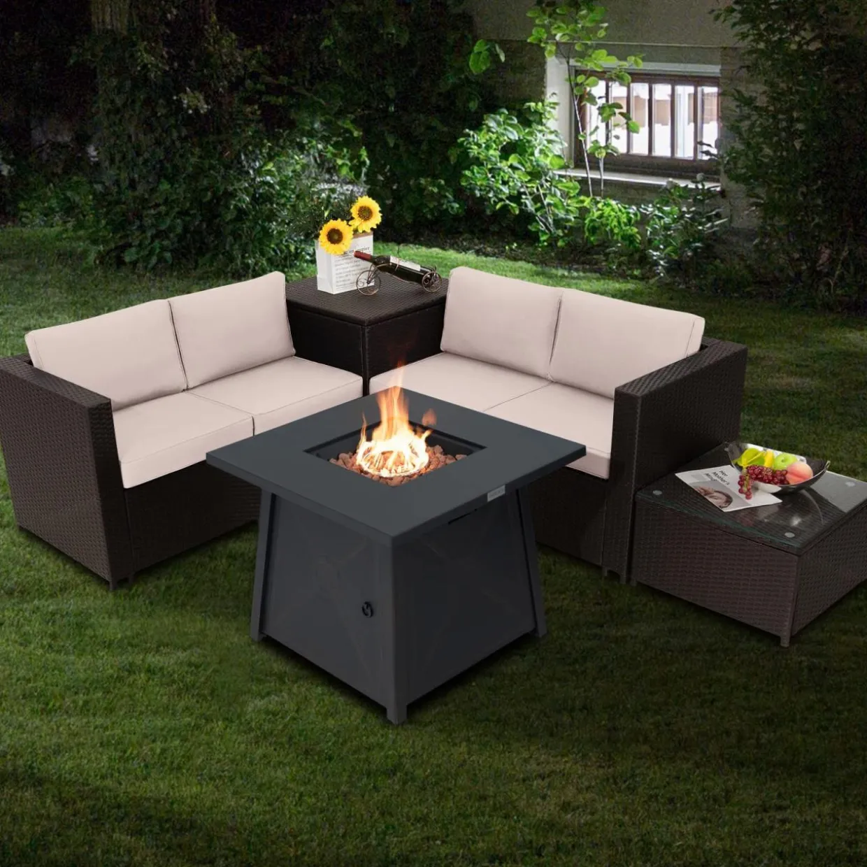 Tangkula 5 Piece Patio Furniture Set with 50,000 BTU Propane Fire Pit Table, Outdoor Wicker Conversation Set