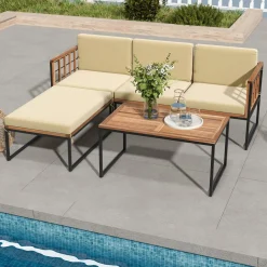 Tangkula 5 Piece Patio Furniture Set, Acacia Wood Sectional Set with Heavy-Duty Metal Frame, Comfy Seat & Back Cushions