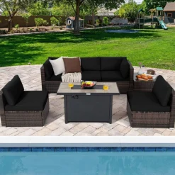 Tangkula 7 Piece Patio Furniture Set with Fire Pit Table, Includes 42 Inches 60,000 BTU Propane Rectangle Fire Pit Table