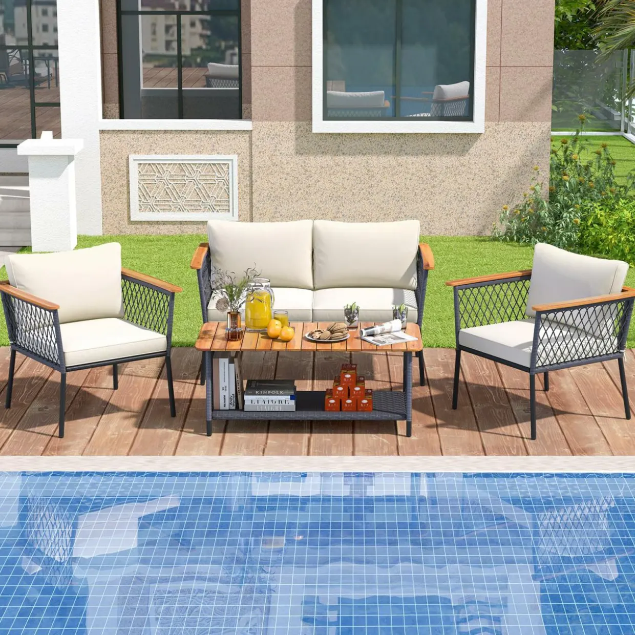 Tangkula 4 Piece Patio Furniture Set, Patiojoy Rattan Chair Set w/ 2-Tier Coffee Table