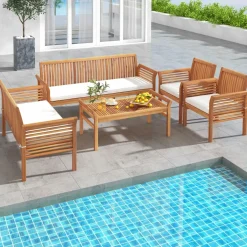 Tangkula 5 Piece Patio Furniture Set, Acacia Wood Conversation Set with 3-Seat Bench, Loveseat