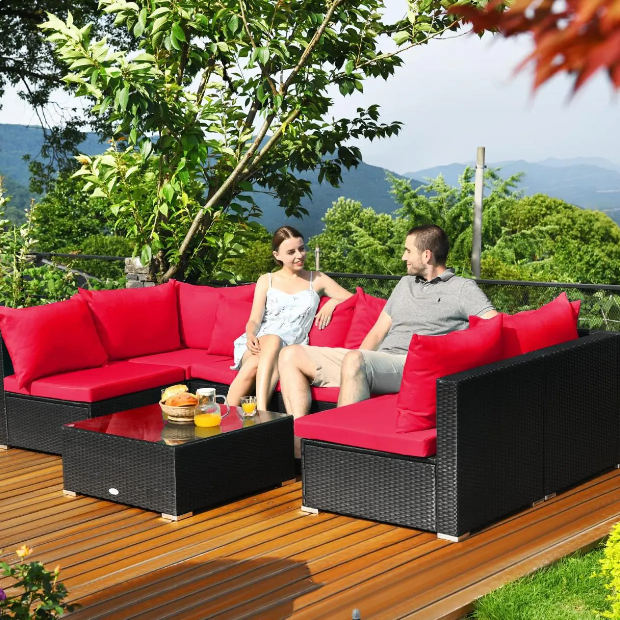 Tangkula 7 Piece Patio Furniture Set, Outdoor Sectional Sofa w/Pillows and Cushions, Wicker Sofa Conversation Set with Coffee Table