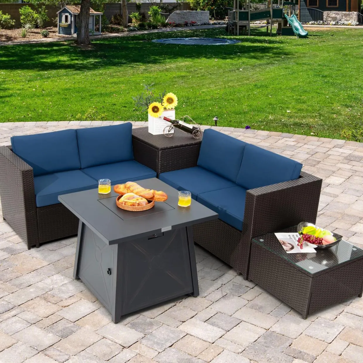 Tangkula 5 Piece Patio Furniture Set with 50,000 BTU Propane Fire Pit Table, Outdoor Wicker Conversation Set