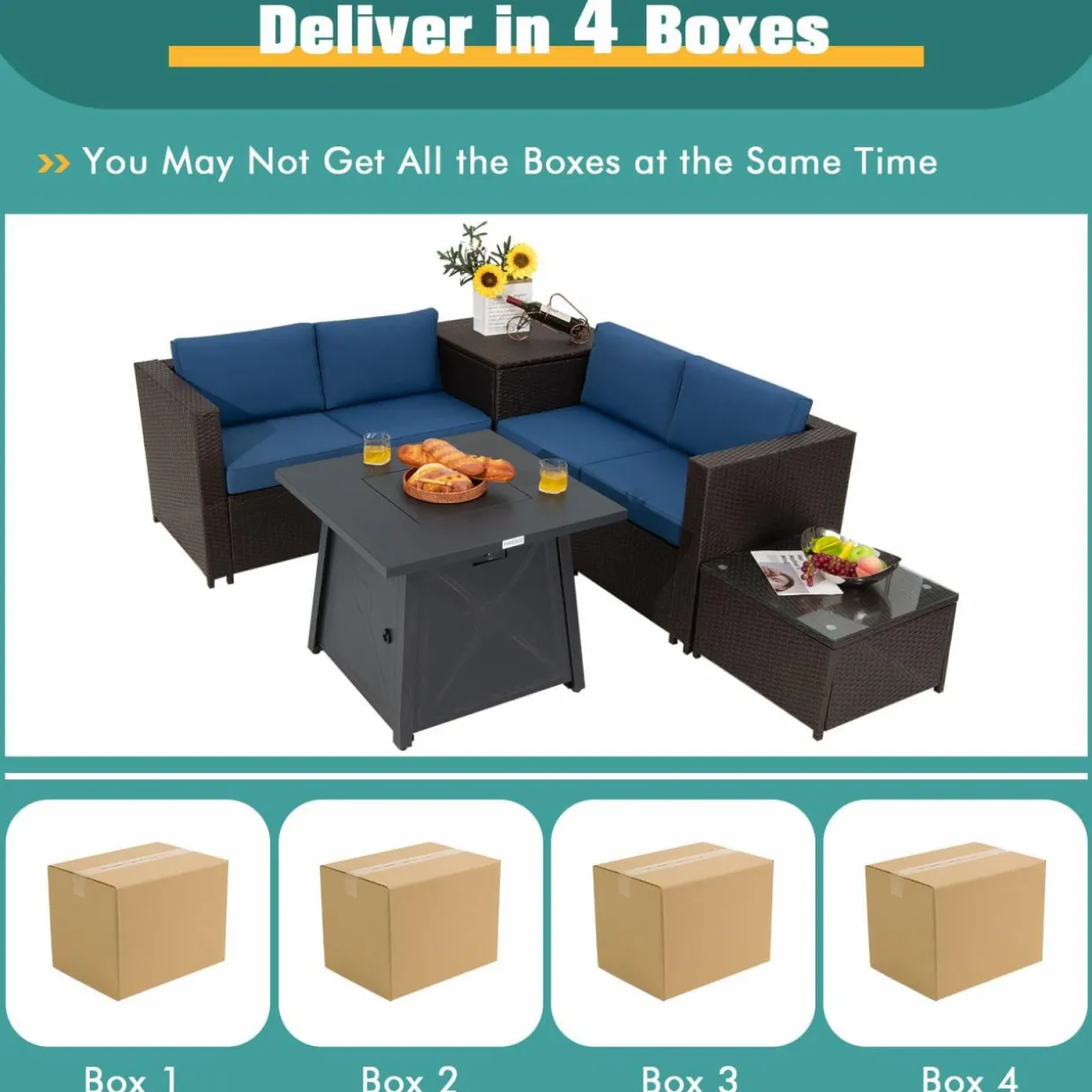 Tangkula 5 Piece Patio Furniture Set with 50,000 BTU Propane Fire Pit Table, Outdoor Wicker Conversation Set
