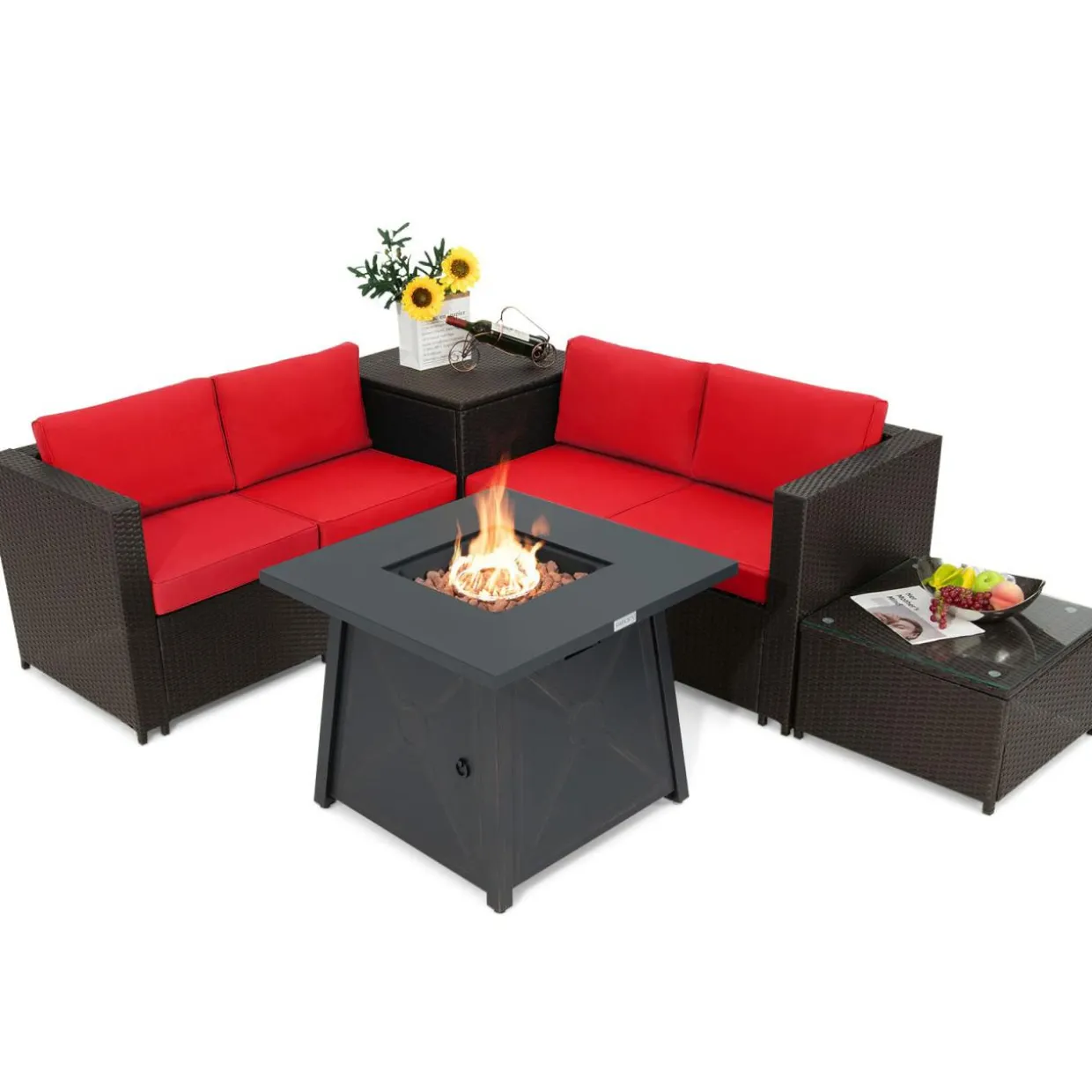 Tangkula 5 Piece Patio Furniture Set with 50,000 BTU Propane Fire Pit Table, Outdoor Wicker Conversation Set