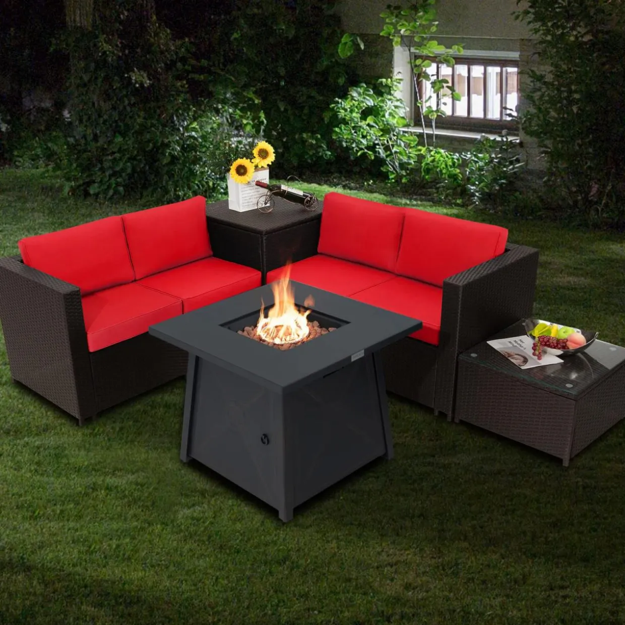 Tangkula 5 Piece Patio Furniture Set with 50,000 BTU Propane Fire Pit Table, Outdoor Wicker Conversation Set